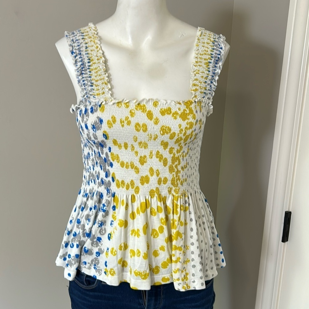 Anthropologie Conditions Apply Katalia Printed Smocked Peplum Tank Top Sz S